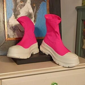 Women’s Hot Pink Stretch Sock Boots with Chunky White Sole